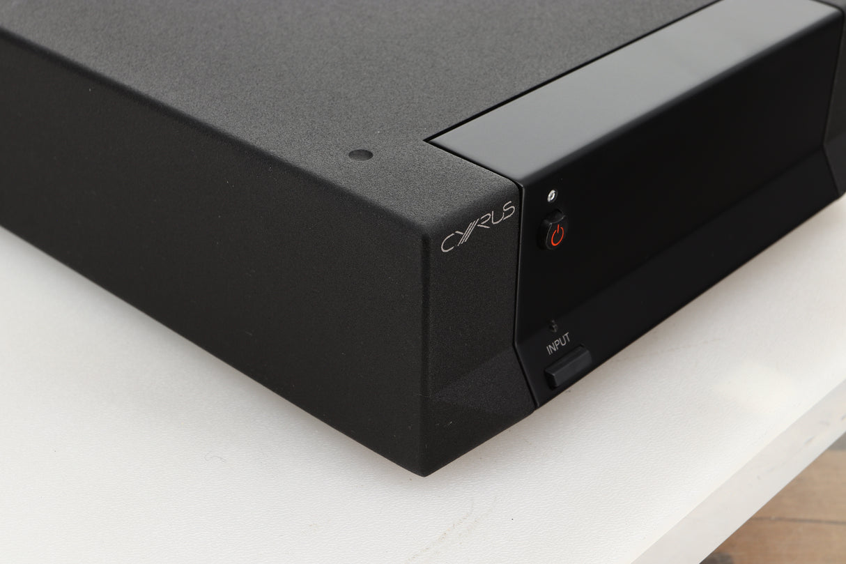 Front left corner view of a used Cyrus Stereo 200 Power Amplifier in BrBlack finish