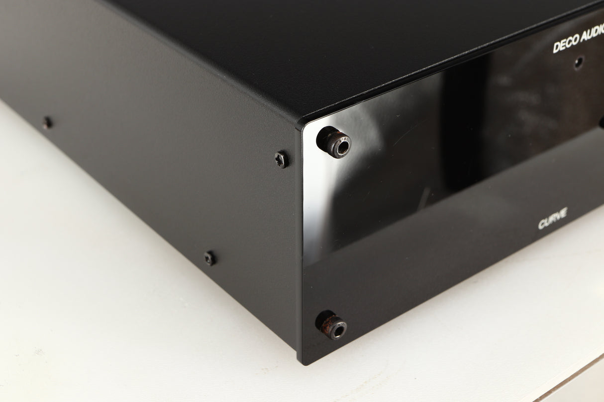 Front left corner of a used Deco Audio Curve MM Phonostage in a black finish