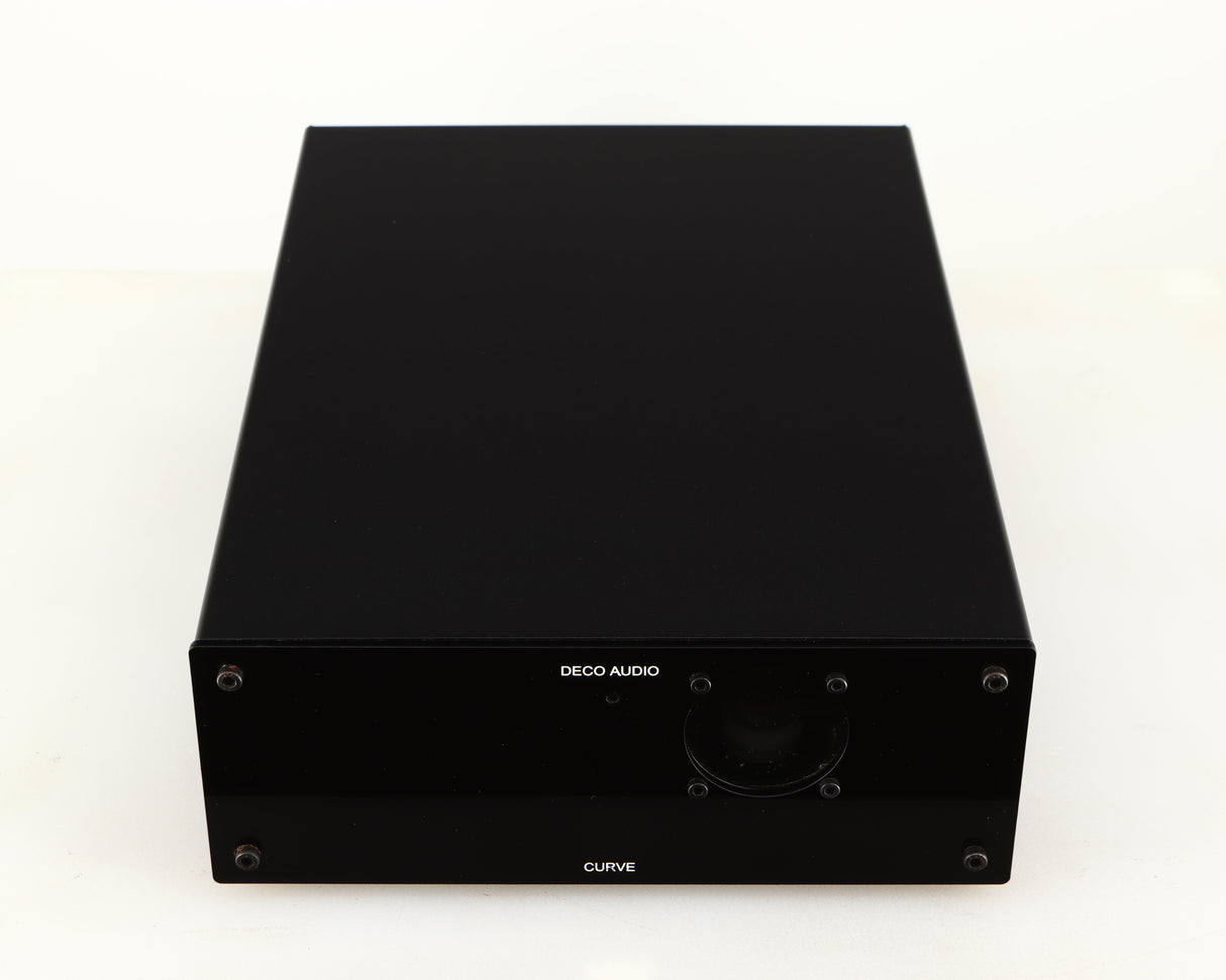 Top of a used Deco Audio Curve MM Phonostage in a black finish