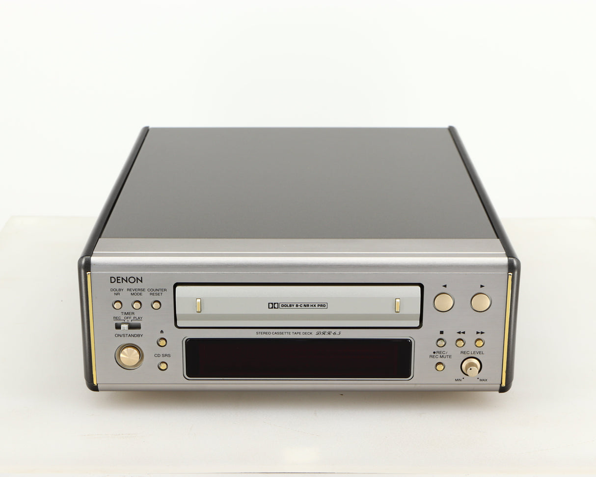 Front view of a used Denon DDR-6.5 Cassette Deck in a silver finish