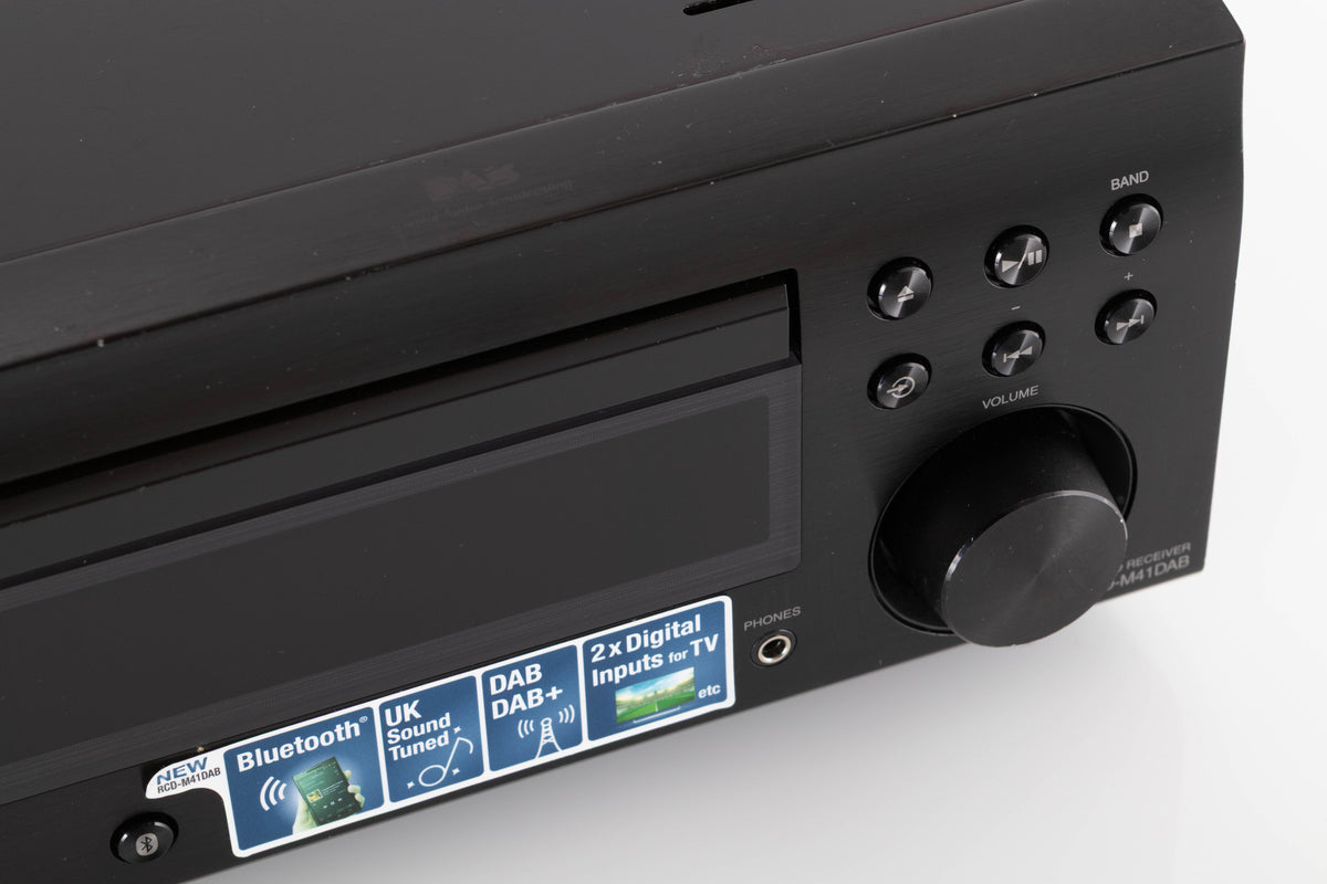 Close up view of a used Denon RCD M41DAB Music System in Black