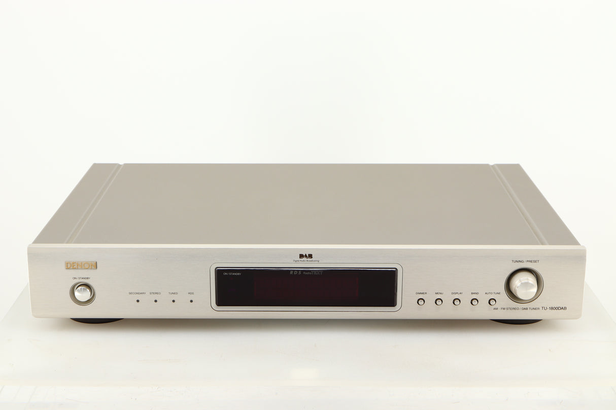 Front view of a used Denon TU-1800 DAB/FM Tuner in a silver finish