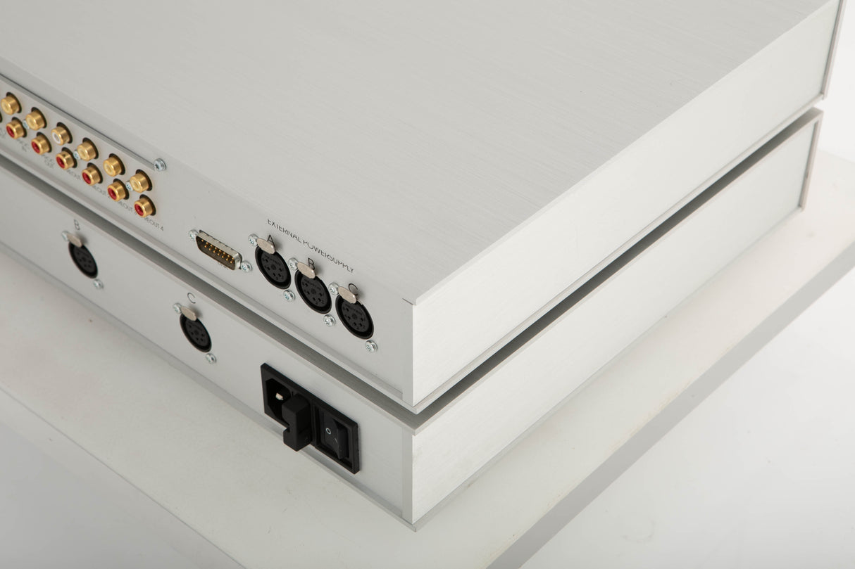 Rear right corner view of a Densen 275 Pre Amplifier with 2NRG PSU