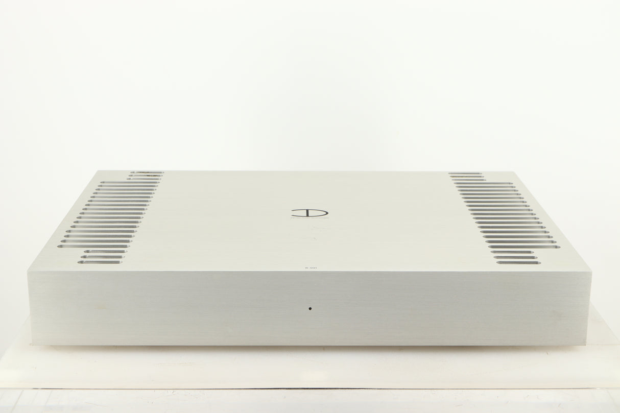 Front view of a used Densen B350Plus Monoblock Power Amplifier in a silver finish