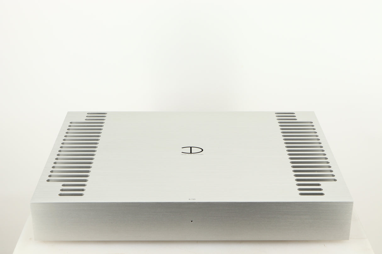 Top of a used Densen B350Plus Monoblock Power Amplifier in a silver finish