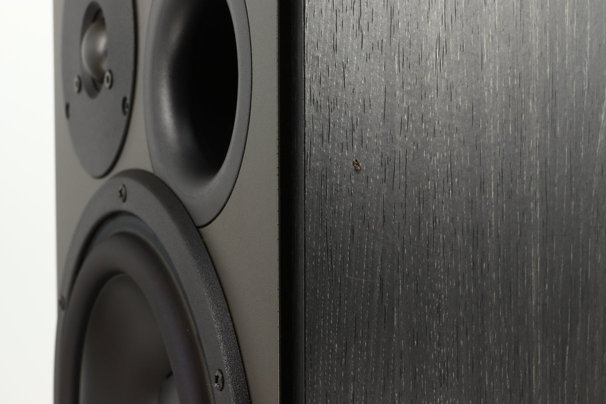 Close up of a used Dynaudio Audience 7 Standmount Speaker in a black finish showing tiny nick on right side