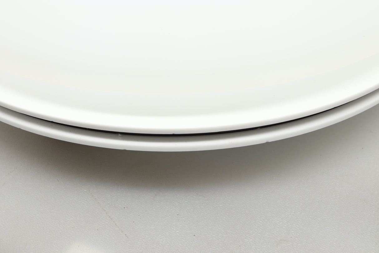 Close up view of a used Edwards Audio Apprentice Turntable in White finish showing some small dents on the side