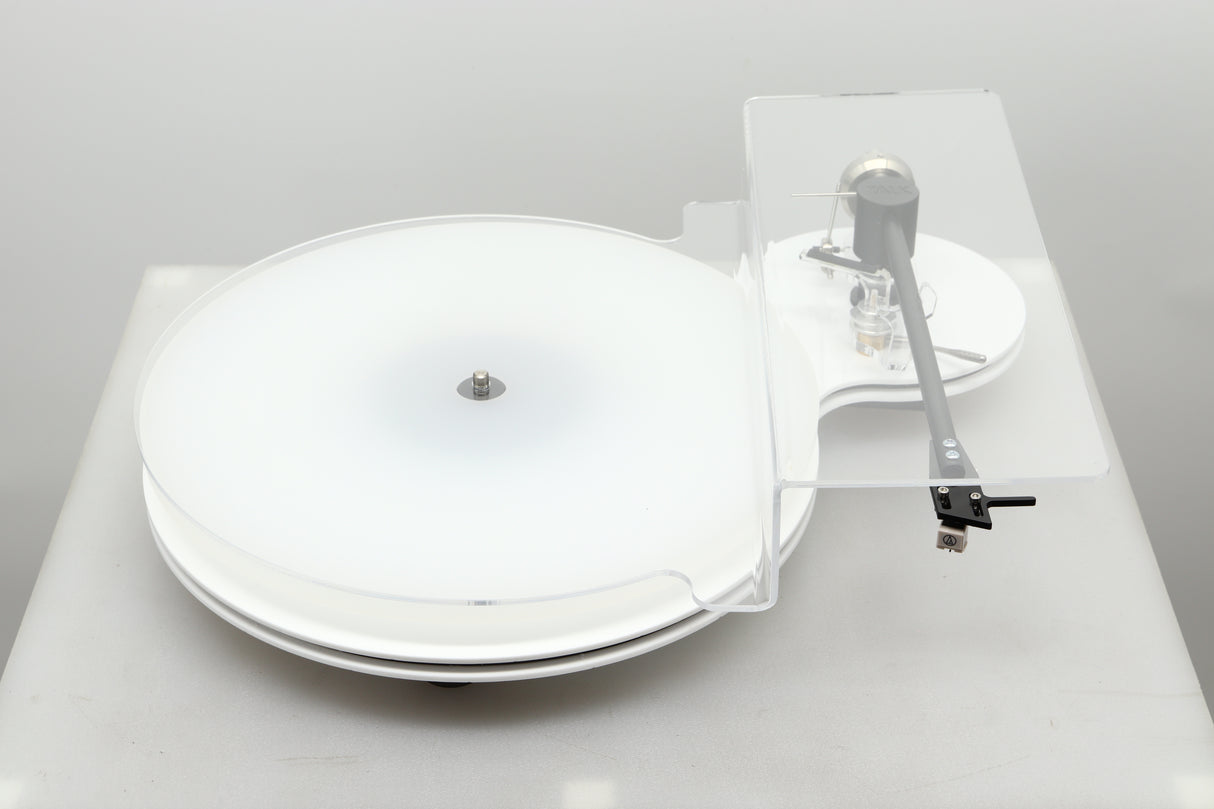 Top view of a used Edwards Audio Apprentice Turntable in White finish with the dustover