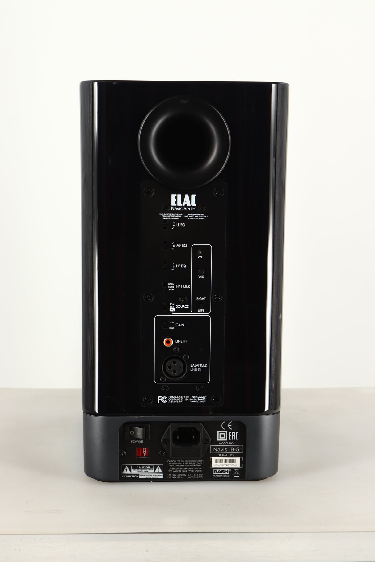 Rear view of a used ELAC Navis B51 Active Standmount Speaker in Gloss Ebony Emara finish