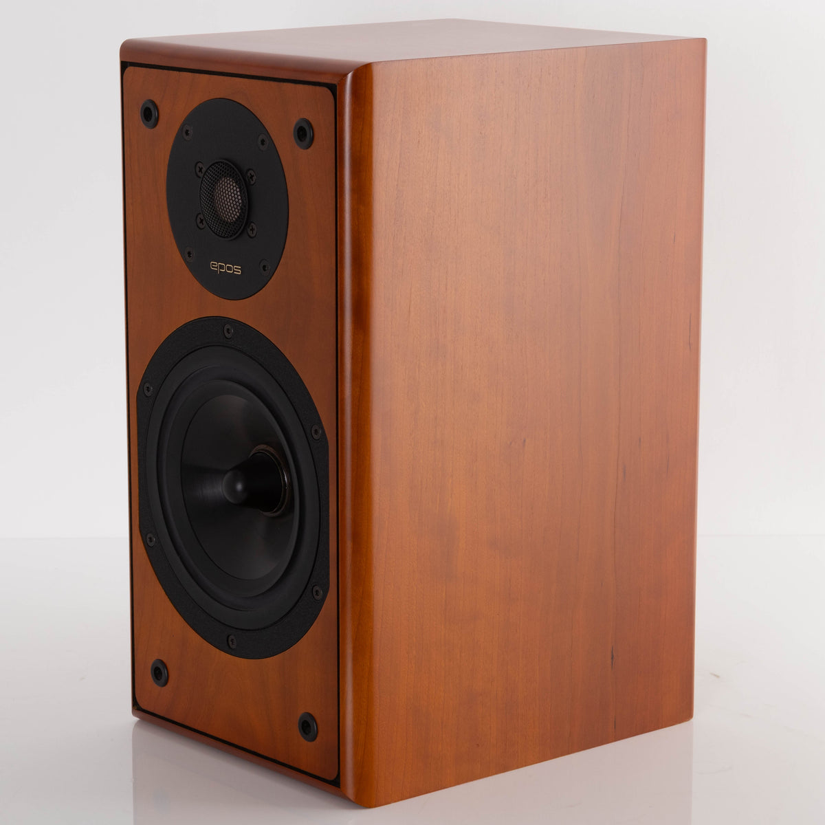 Front right corner of a used EPOS M12.2 Standmount Speaker in a Cherry finish