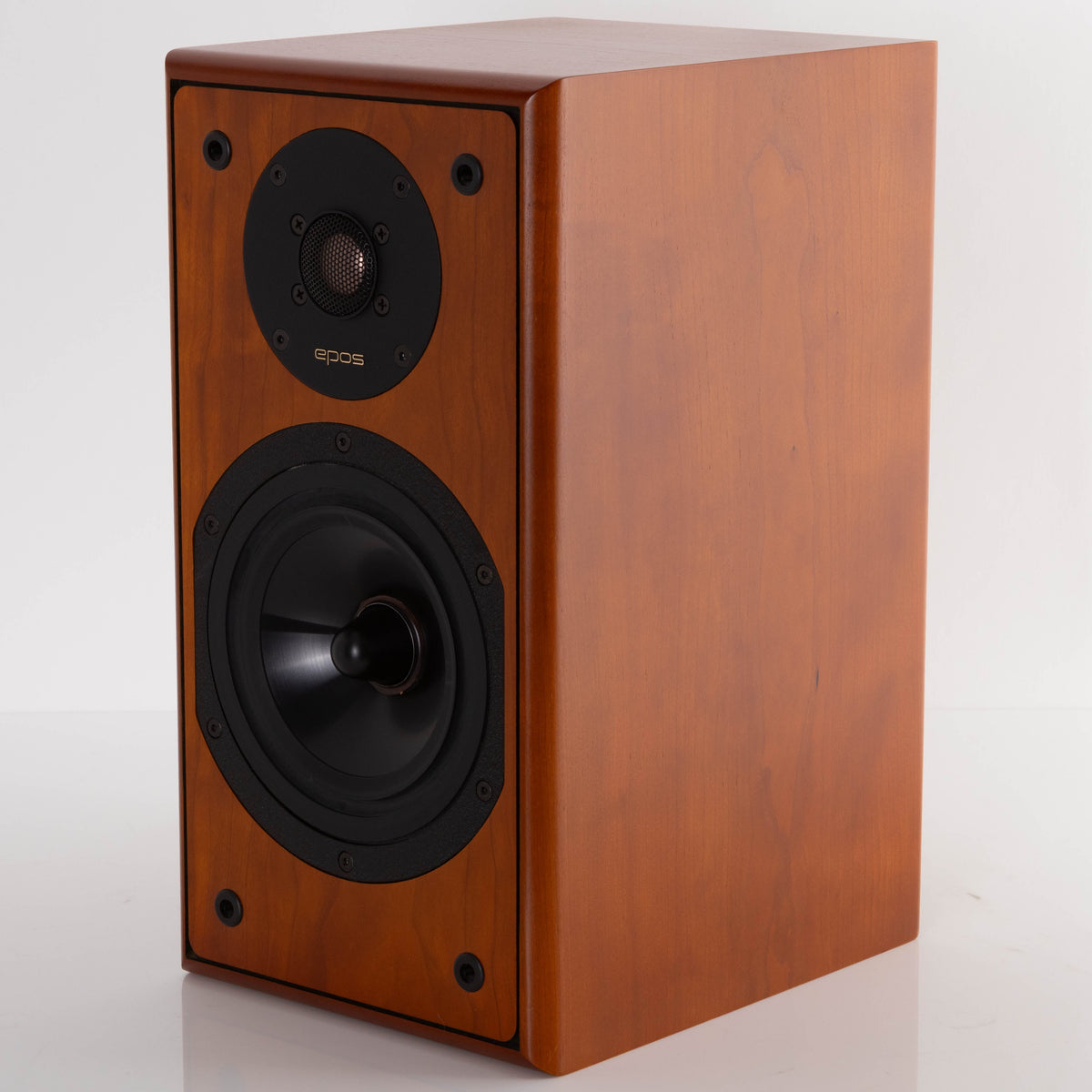 Front right corner of a used EPOS M12.2 Standmount Speaker in a Cherry finish