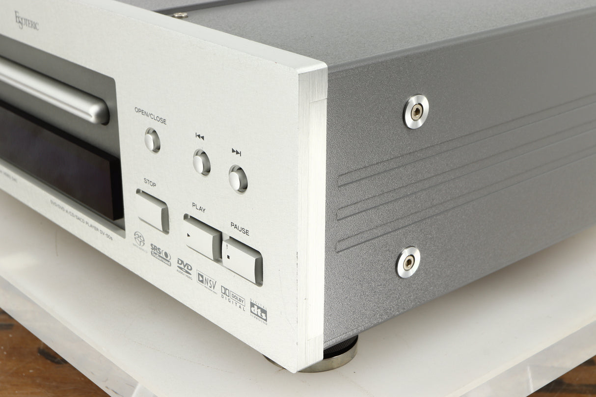 Front right corner of a used Esoteric DV-50s DVD Player in a silver finish