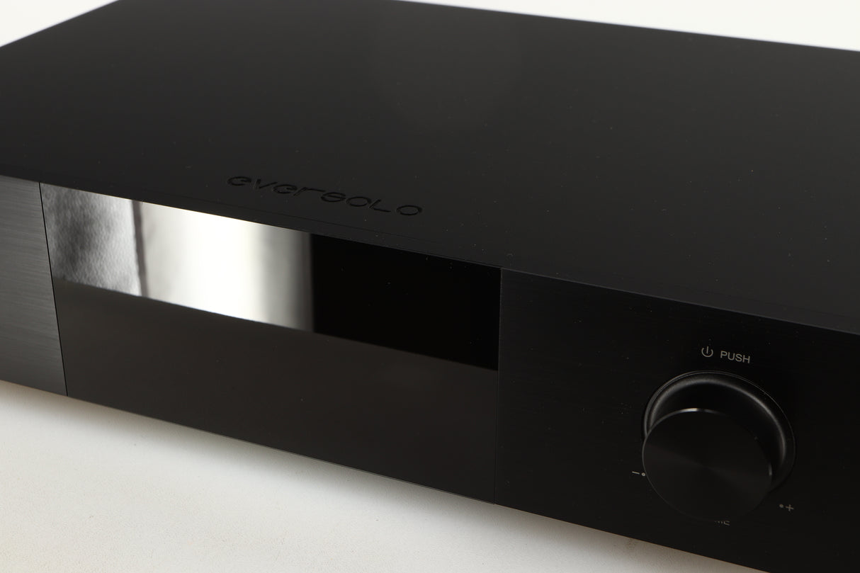 Close up of a used Eversolo DMP A8 Streamer / Pre Amplifier / DAC in a black finish showing some of the fascia