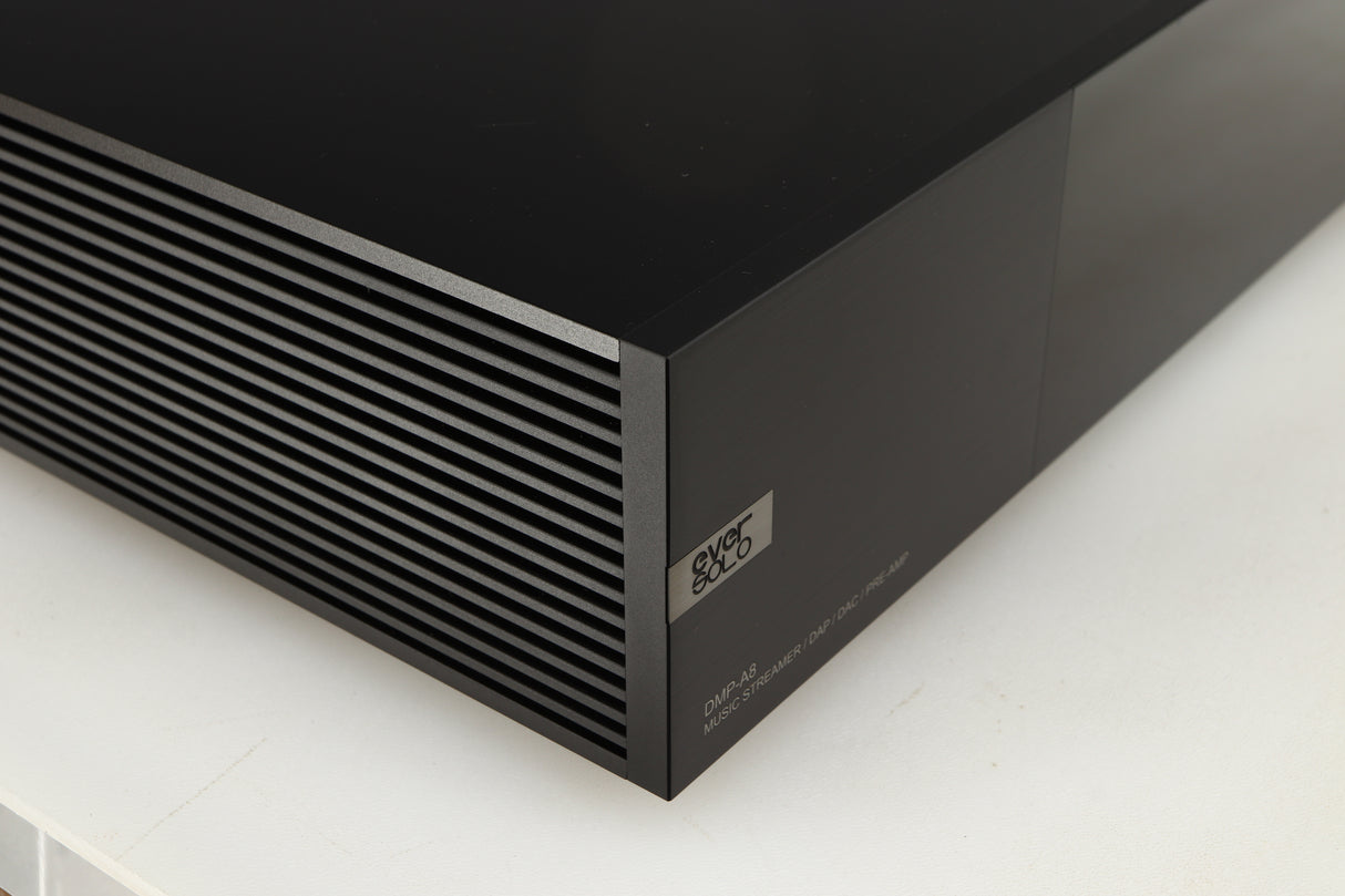 Front left corner of a used Eversolo DMP A8 Streamer / Pre Amplifier / DAC in a black finish