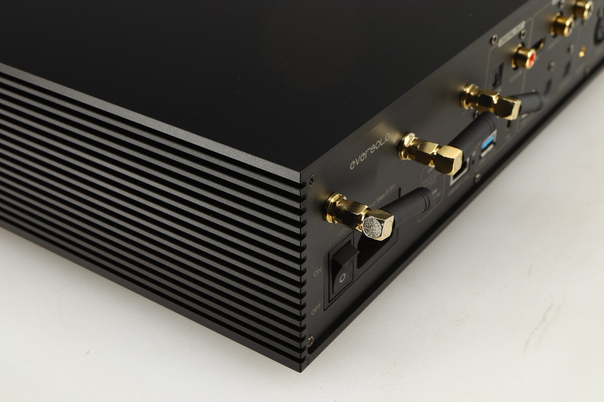 Rear right corner of a used Eversolo DMP A8 Streamer / Pre Amplifier / DAC in a black finish