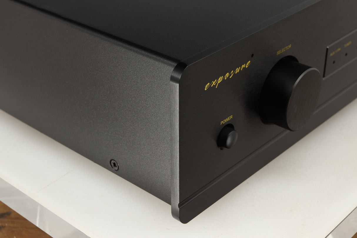 Front left corner of a used Exposure 3510 Integrated Amplifier in a black finish