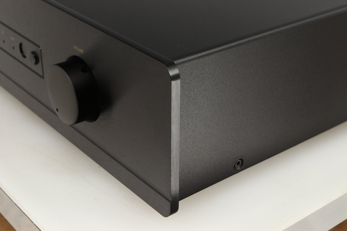 Front right corner of a used Exposure 3510 Integrated Amplifier in a black finish