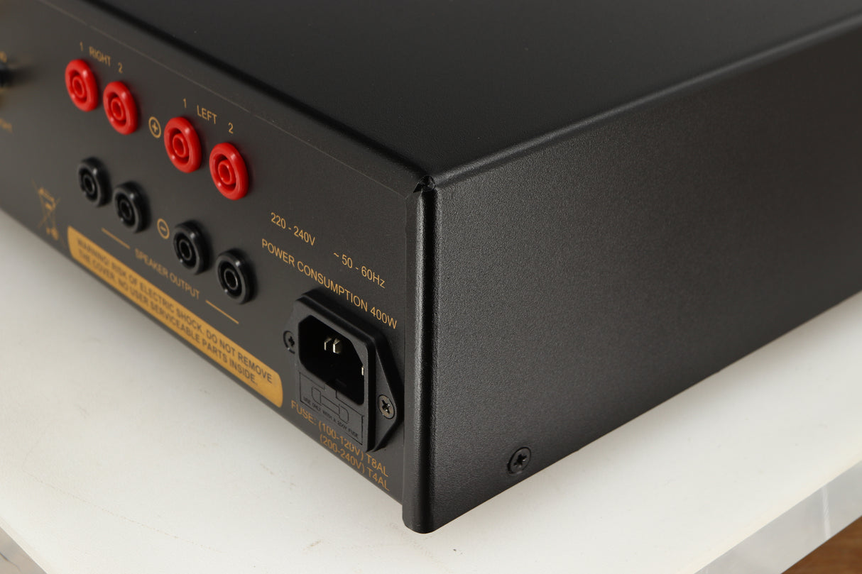 Rear left corner of a used Exposure 3510 Integrated Amplifier in a black finish
