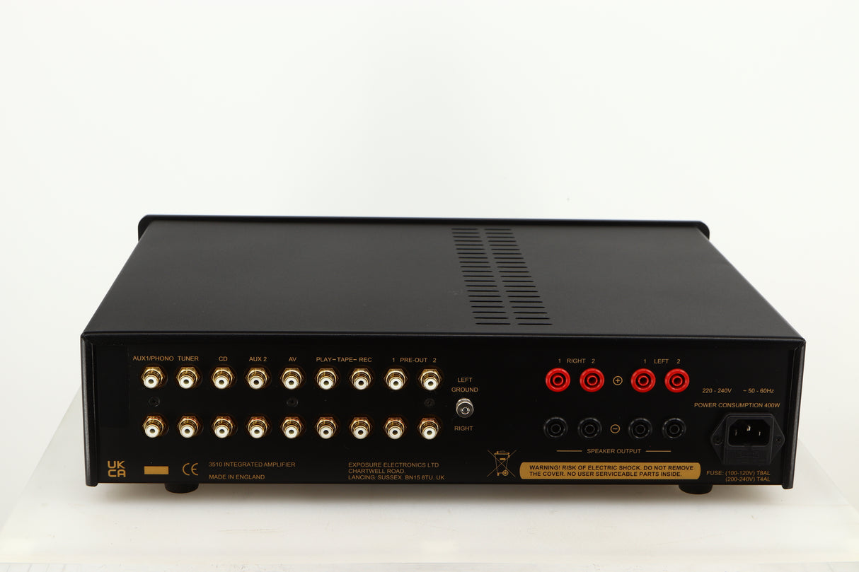 Rear view of a used Exposure 3510 Integrated Amplifier in a black finish showing Phono Inputs, Speaker Outputs and Mains Input