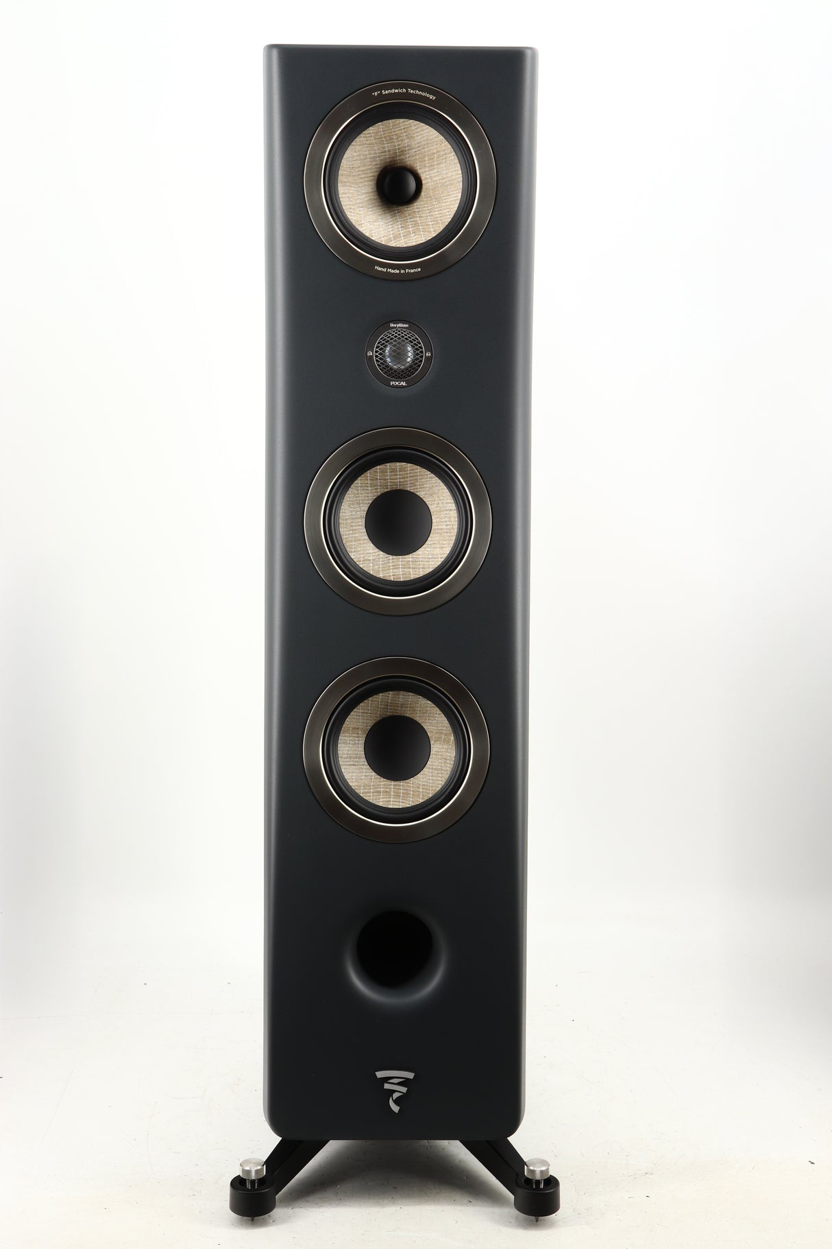 Front view of a used Focal Kanta N2 Floorstanding Speaker in a walnut grey finish