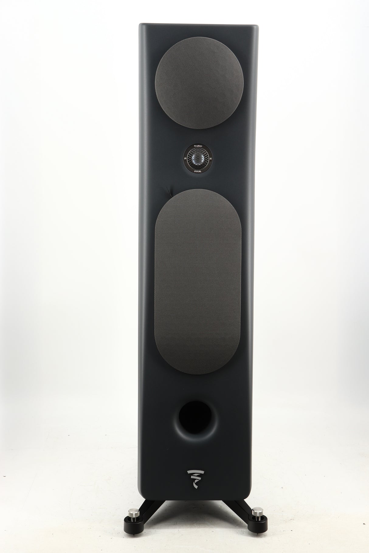 Front view of a used Focal Kanta N2 Floorstanding Speaker in a walnut grey finish showing grilles