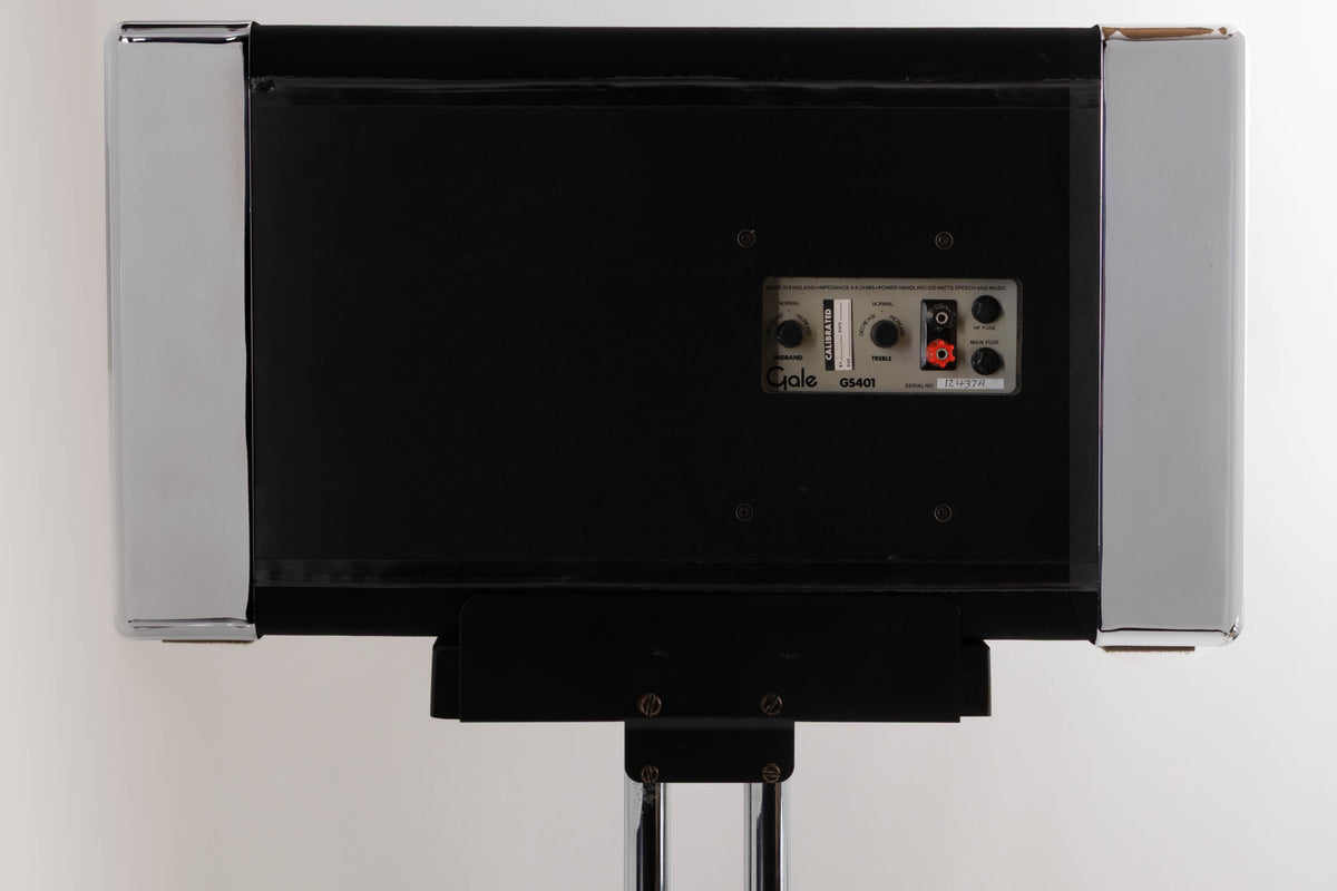 Close up of a used Gale GS401 Standmount Speakers W/ Stand in a Chrome finish showing rear