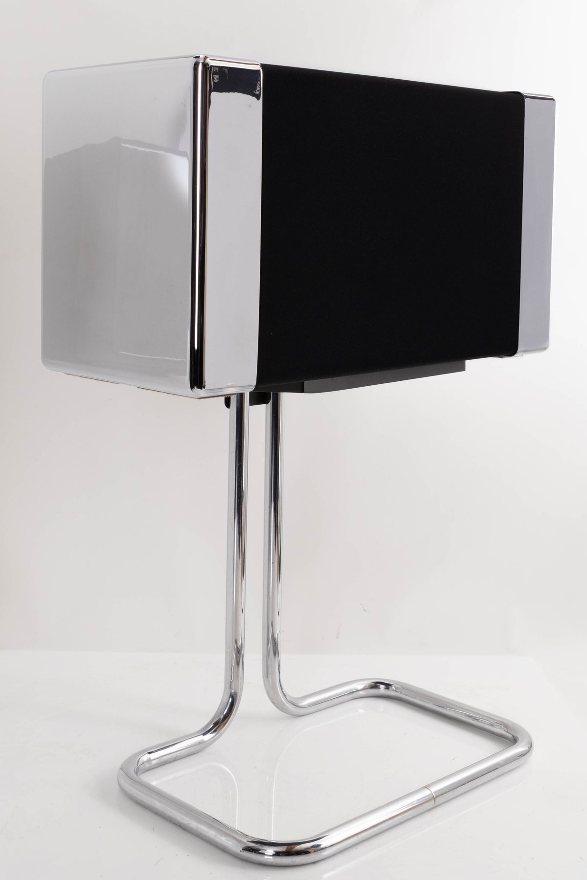 Front left corner of a used Gale GS401 Standmount Speakers W/ Stand in a Chrome finish
