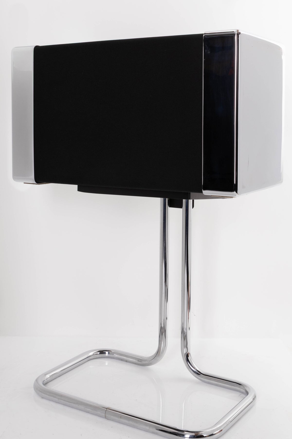 Front right corner of a used Gale GS401 Standmount Speakers W/ Stand in a Chrome finish