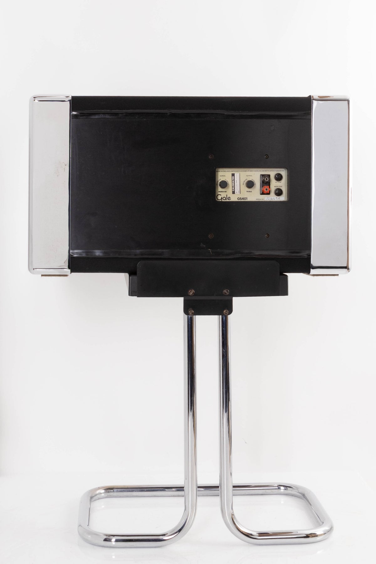 Rear view of a used Gale GS401 Standmount Speakers W/ Stand in a Chrome finish