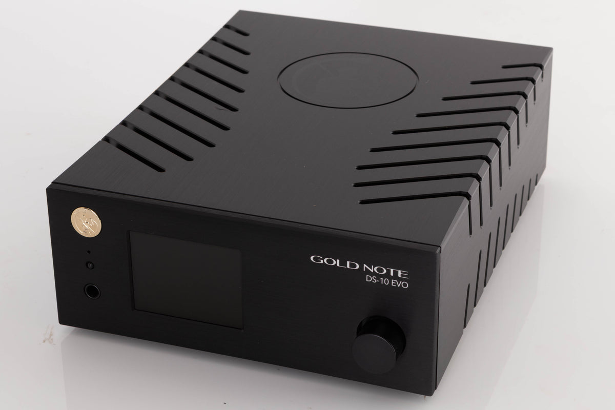 Close up of a used Goldnote DS-10 Evo Streaming Digital Analogue Converter in a Black finish showing fascia