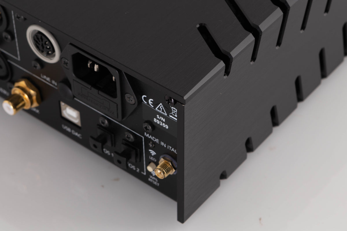 Rear left corner of a used Goldnote DS-10 Evo Streaming Digital Analogue Converter in a Black finish