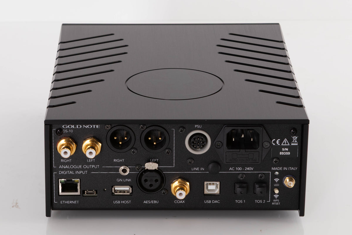 Rear view of a used Goldnote DS-10 Evo Streaming Digital Analogue Converter in a Black finish showing Mains Input, USB Input, Network Input, Analogue Output, Coaxial Input and Optical Inputs
