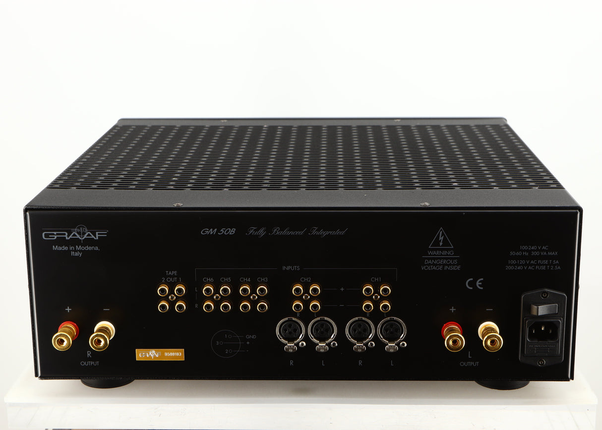 Rear view of a used Graaf GM50 Integrated Amplifier in a black finish showing Speaker Outputs, Mains Input, XLR Outputs, Phono Inputs and Phono Outputs