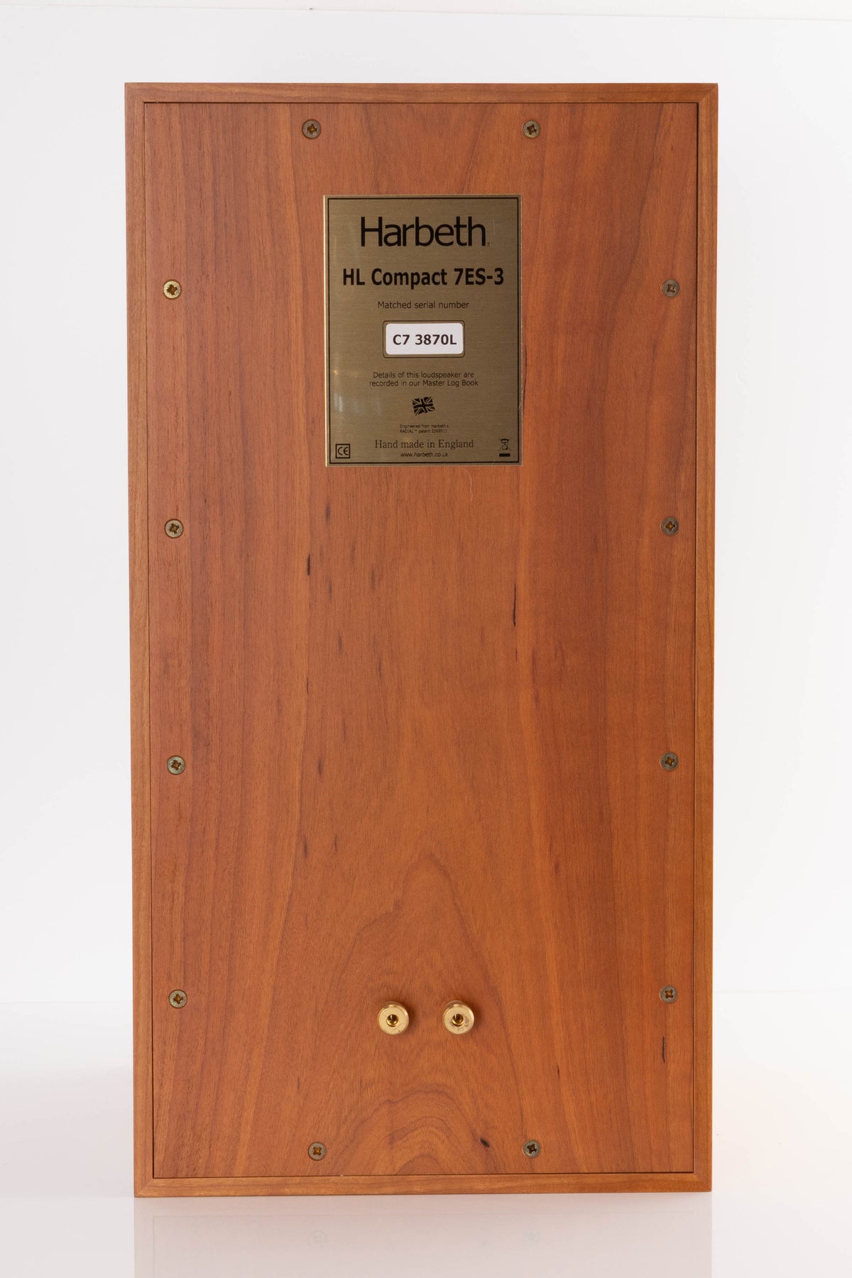 Rear view of a used Harbeth Compact 7ES 3 Standmount Speaker in a Cherry finish