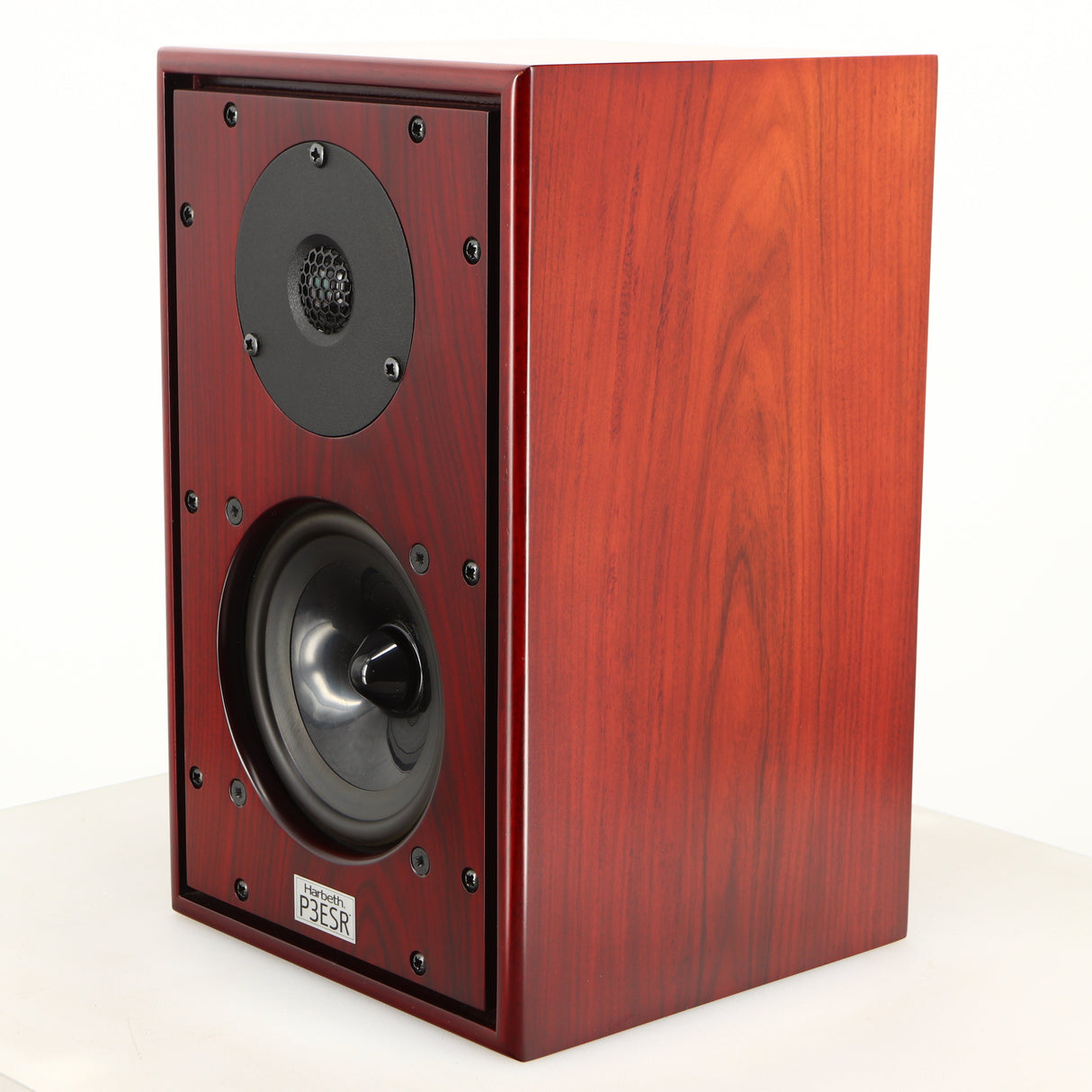 Front right corner of a used Harbeth P3ESR Standmount Speaker in a rosewood finish