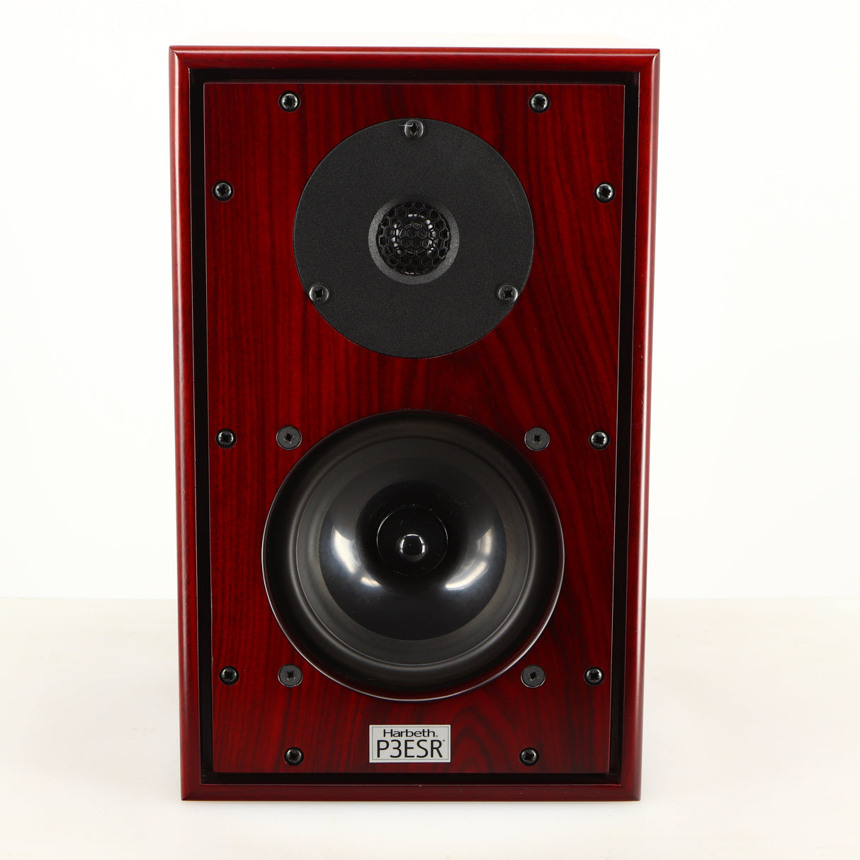 Front view of a used Harbeth P3ESR Standmount Speaker in a rosewood finish