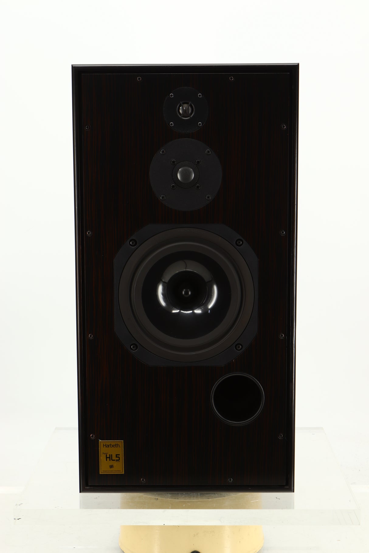 Front view of a used Harbeth Super HL5 Plus Standmount Speakers in Tiger Ebony finish