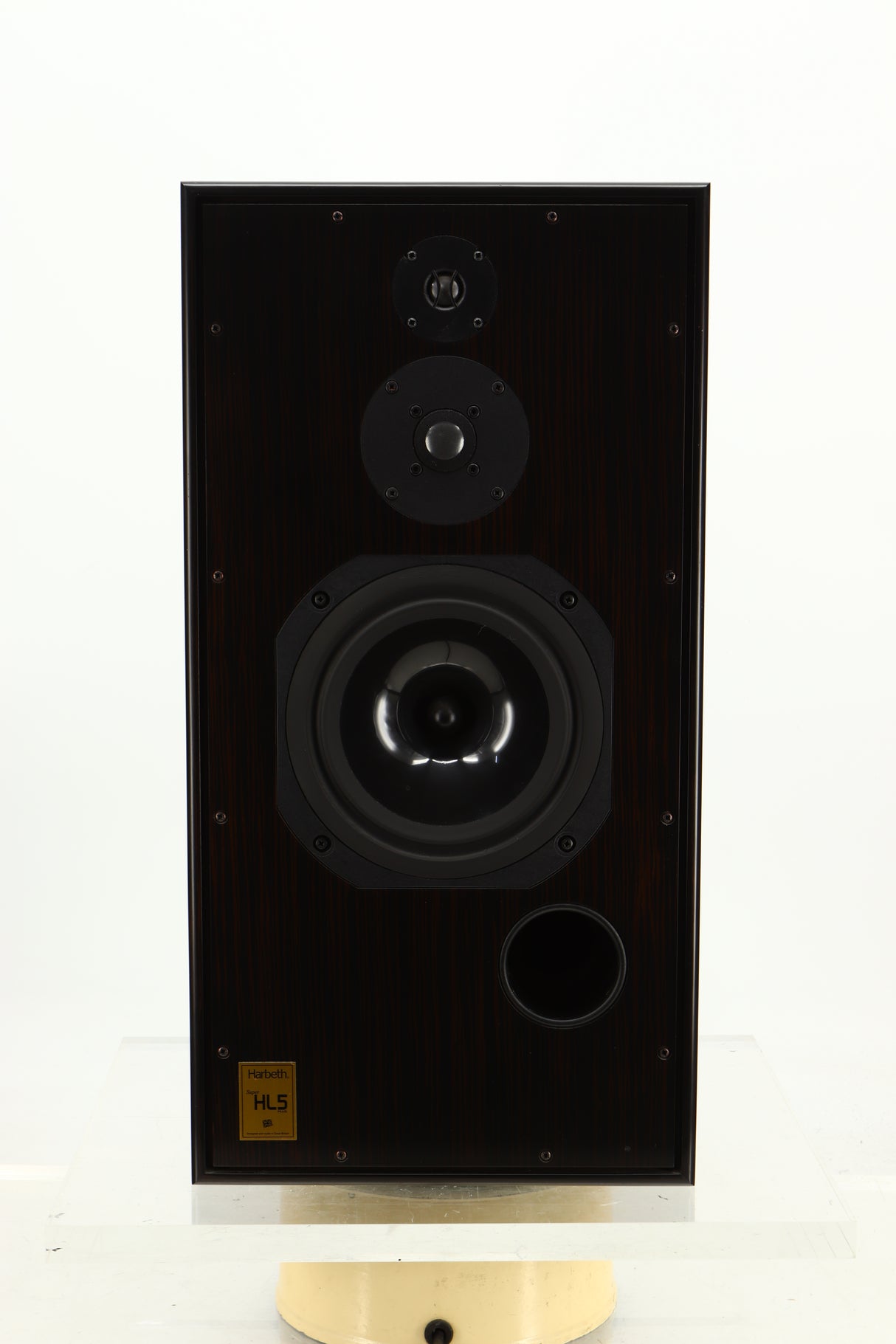Front view of a used Harbeth Super HL5 Plus Standmount Speakers in Tiger Ebony finish