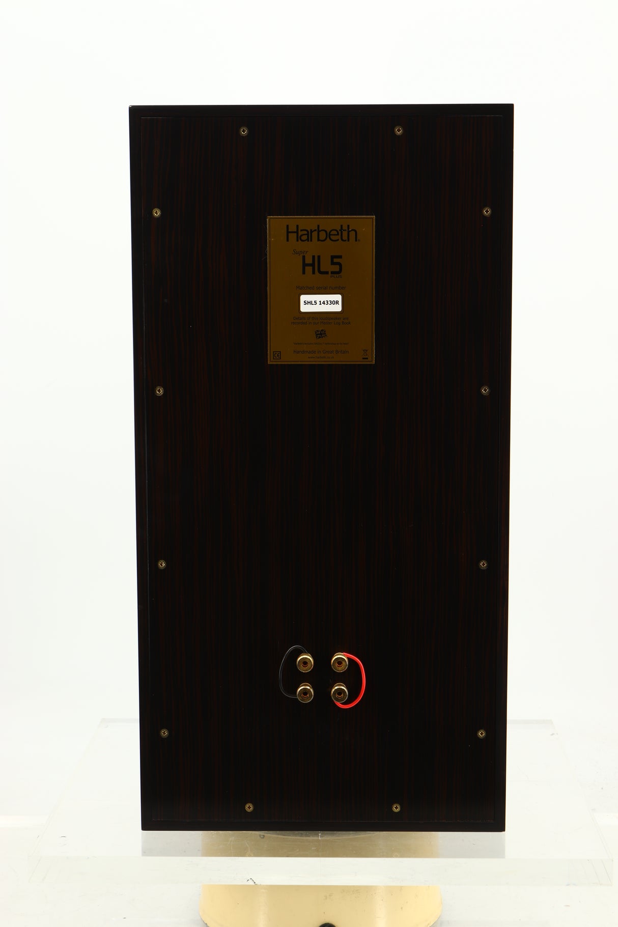 Rear view of a used Harbeth Super HL5 Plus Standmount Speakers in Tiger Ebony finish