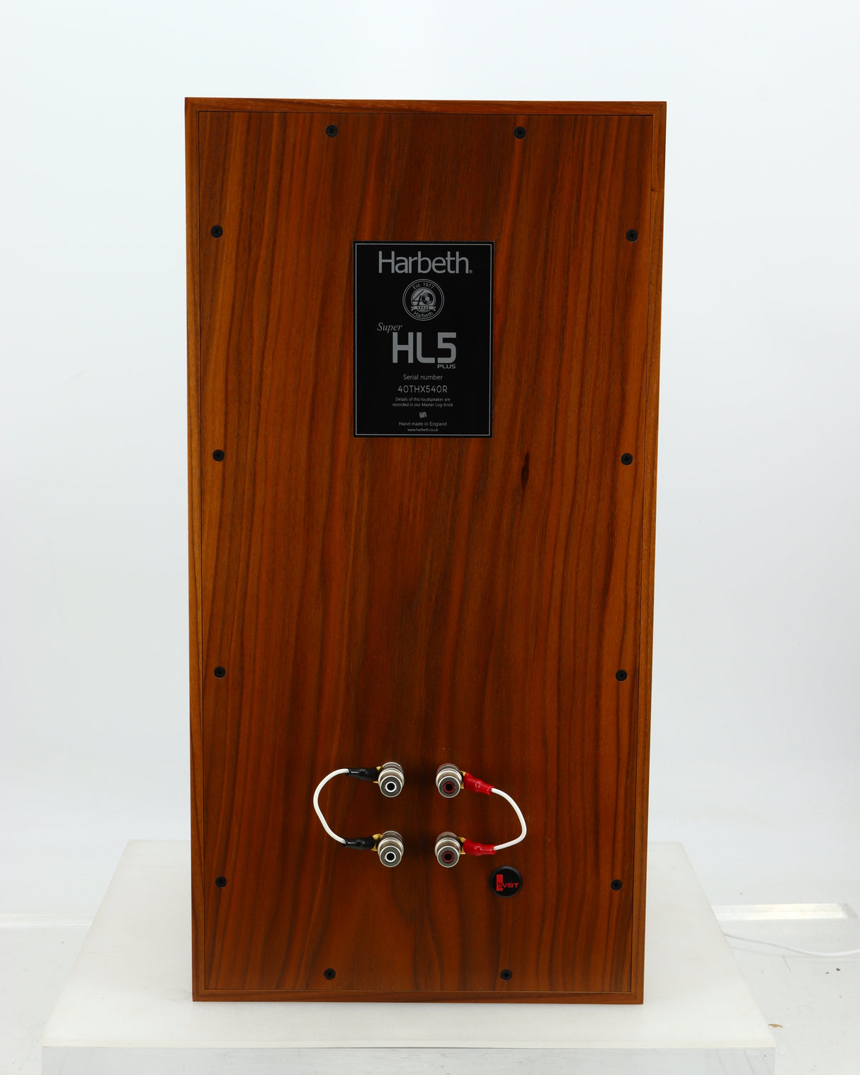 Rear view of a used Harbeth Super HL5 Plus 40th Anniversary Standmount Speaker in a walnut finish showing Non-Original Links