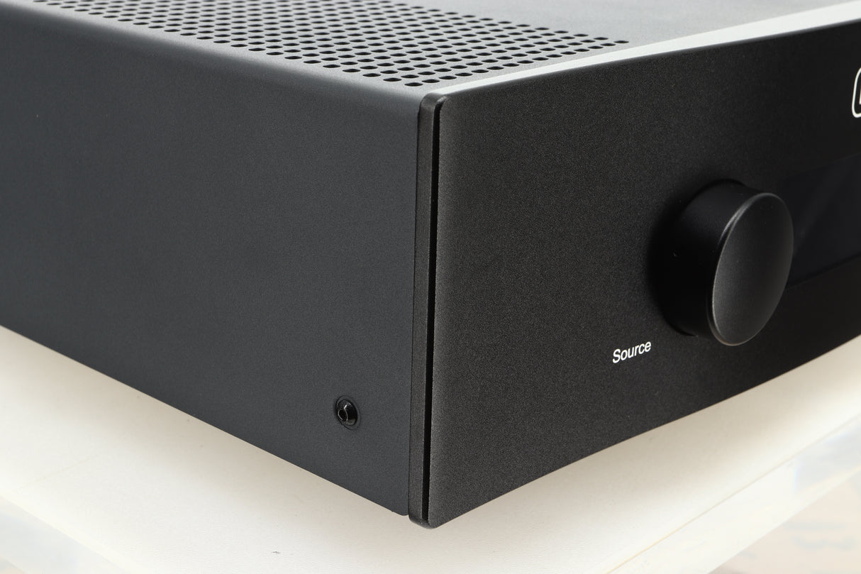 Front left corner view of a used Hegel H400 Streaming Amplifier in Black finish