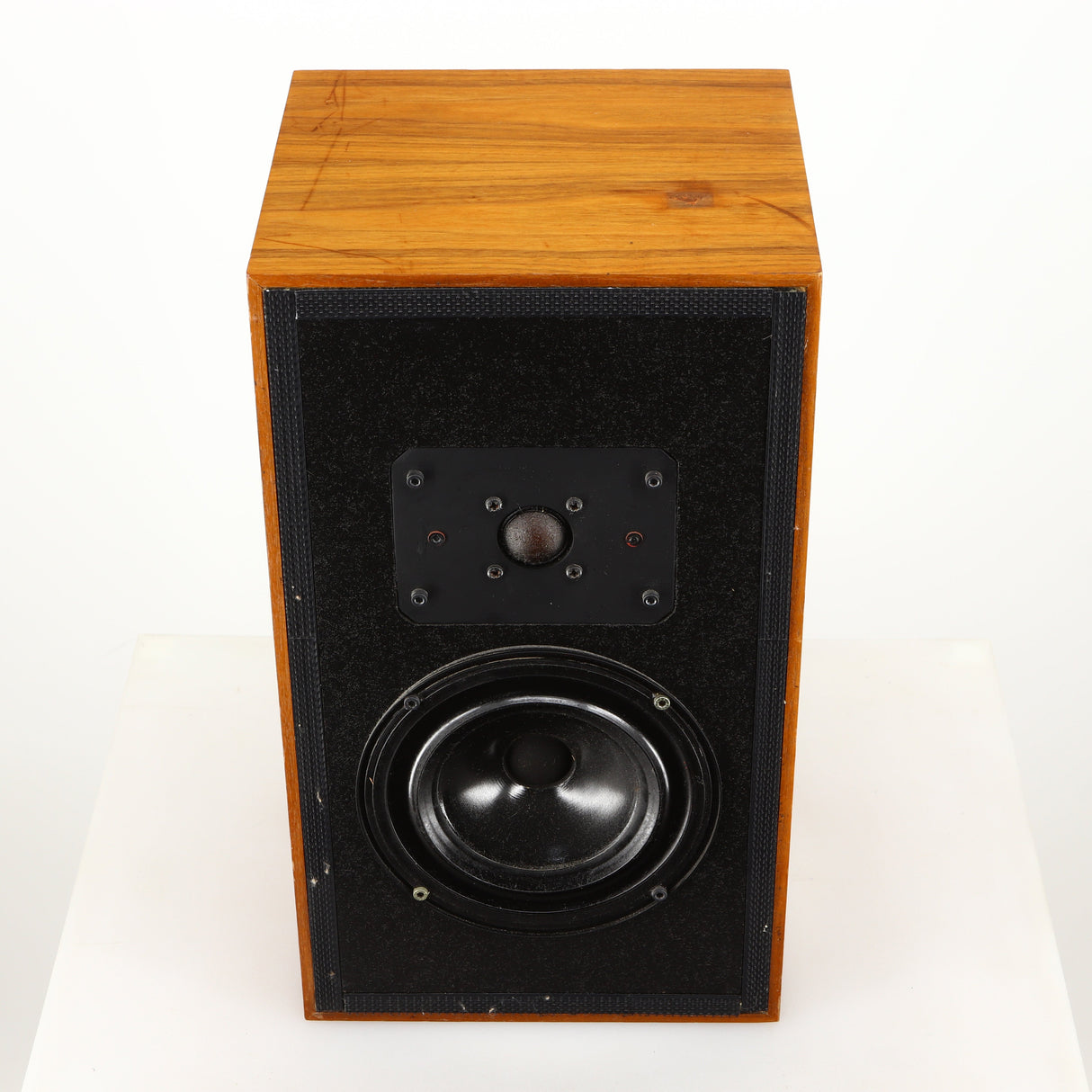 Top of a used Heybrook HP2 Standmount Speaker in a teak finish