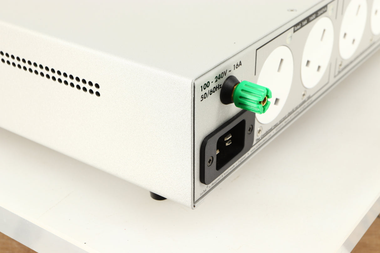 Rear right corner of a used Isotek Sigmas Gil Power Distribution in a silver finish