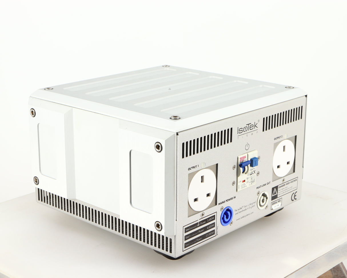 Rear right corner of a used Isotek Titan Mains Conditioner in a silver finish