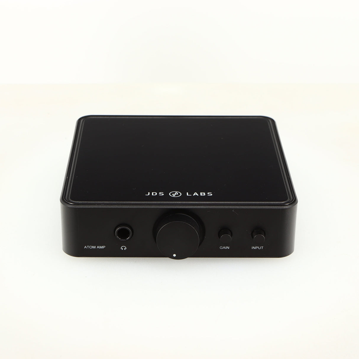 Front view of a used JDS Labs Atom Headphone Amplifier in a black finish