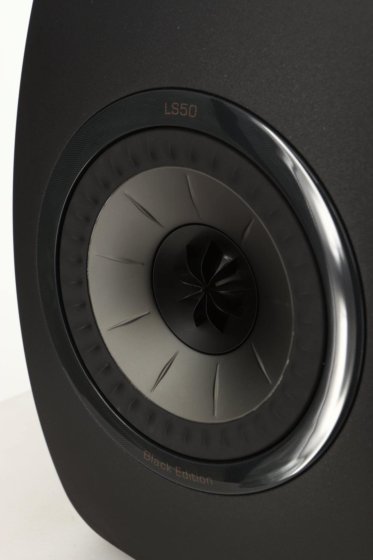 Close up view of a used KEF LS50 Black Edition Standmount Speaker