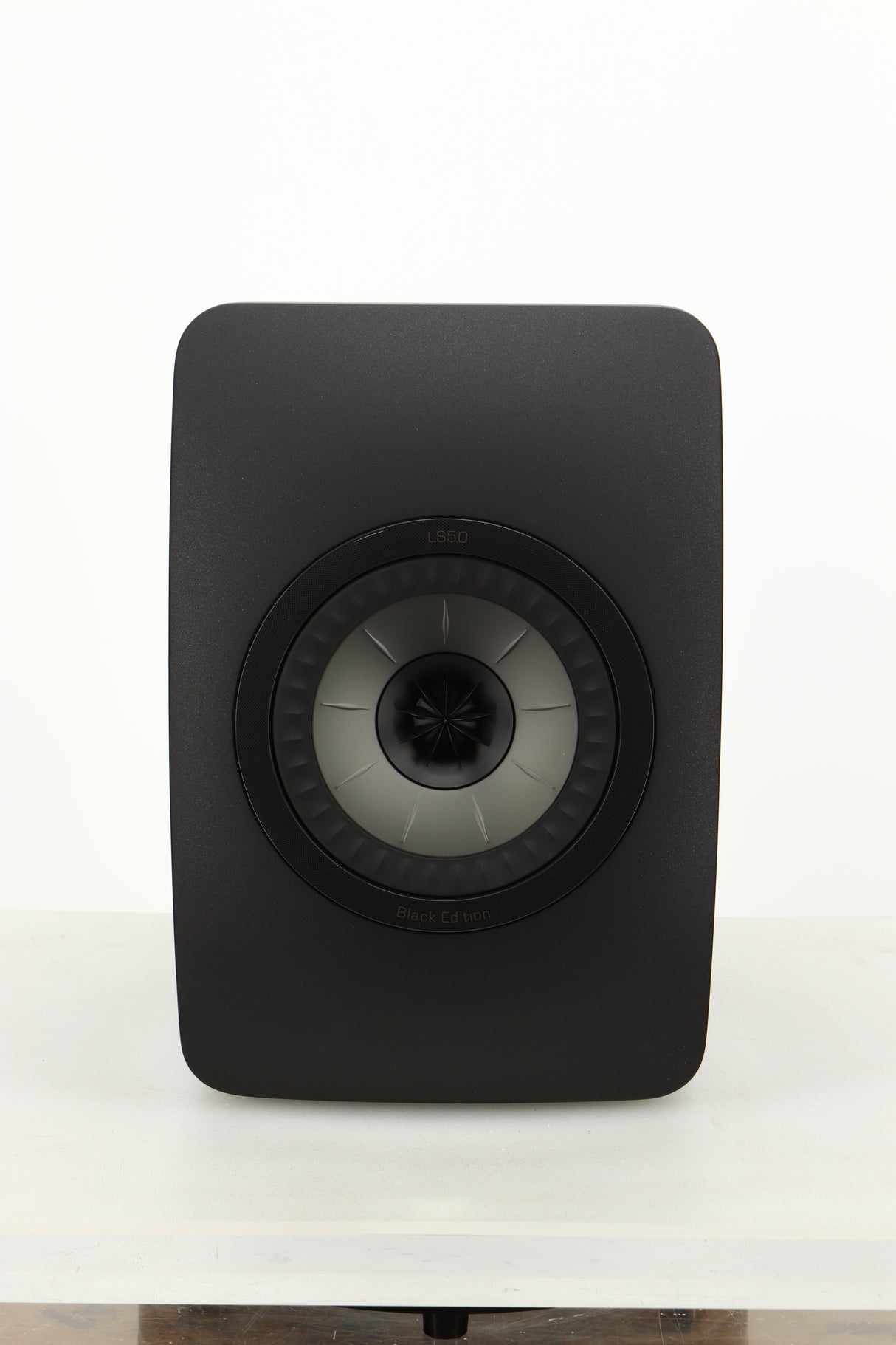 Front view of a used KEF LS50 Black Edition Standmount Speaker