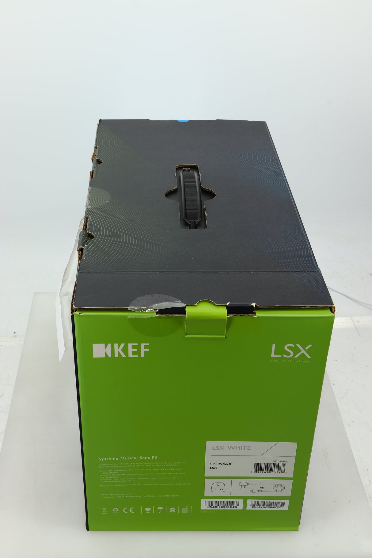 Box of a used KEF LSX Standmount Speaker W/ Stand