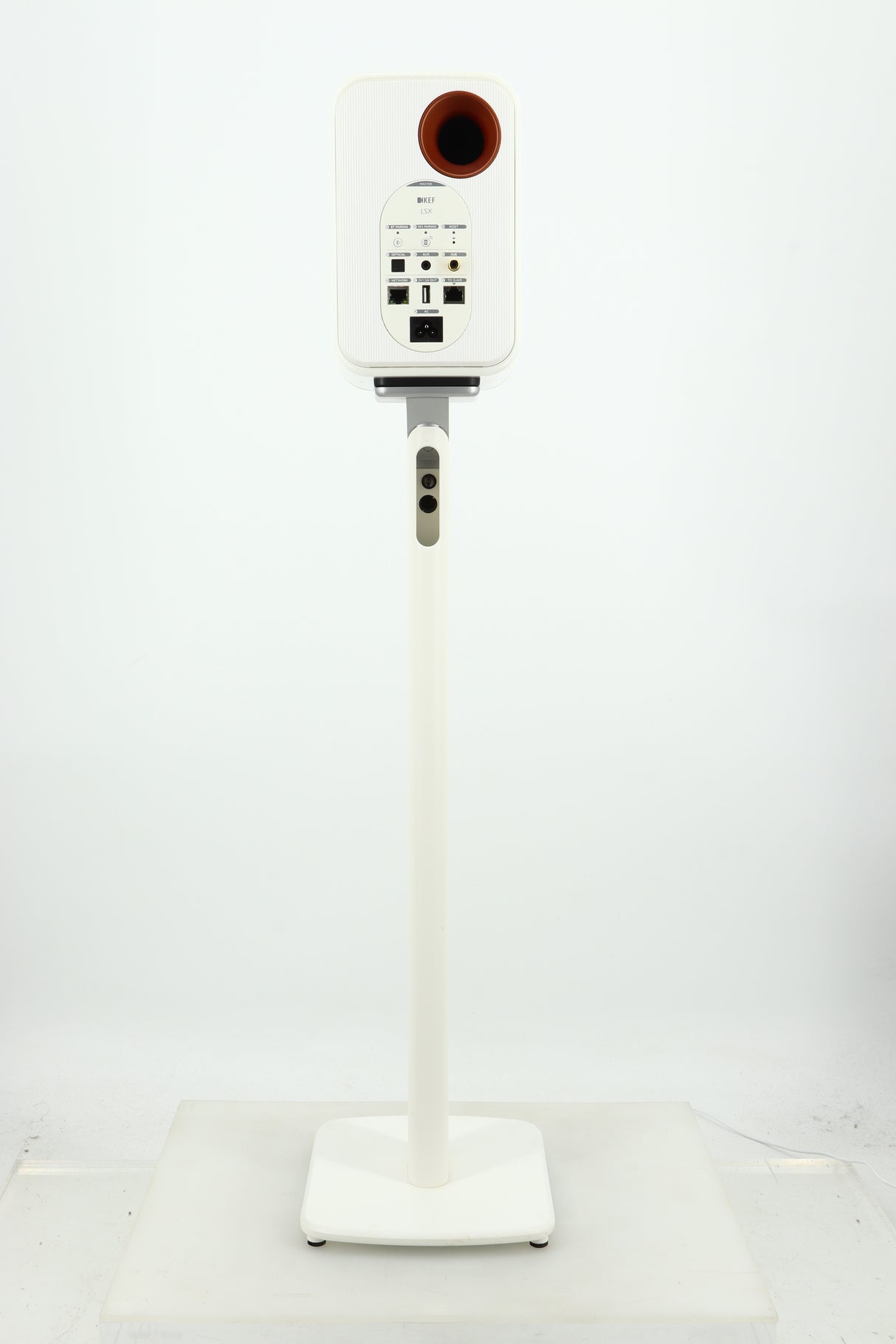 Rear view of a used KEF LSX Standmount Speaker W/ Stand in a white finish showing Ethernet Input, Optical Input, AUX Input and Power Input