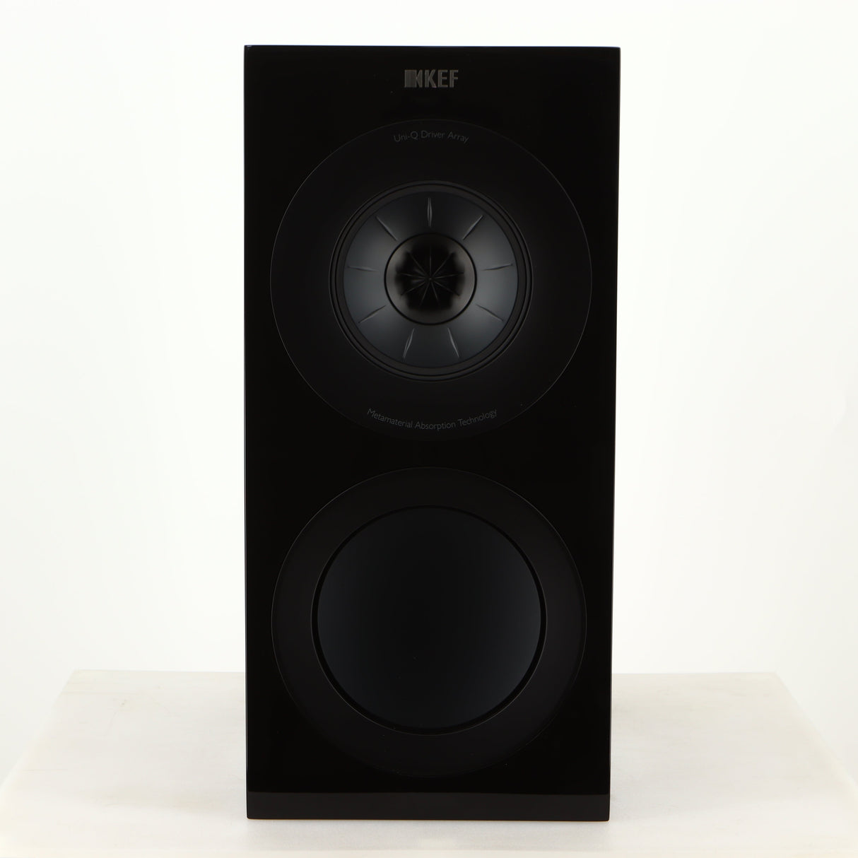 Front view of a used KEF R3 Meta Standmount Speaker in a black gloss finish